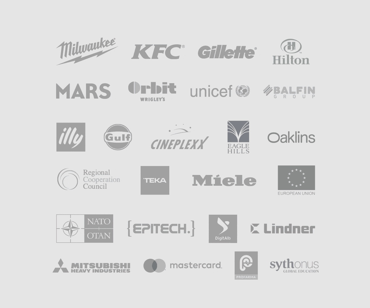 Milwaukee, KFC, Gillette, Hilton, Mars, Orbit Wrigley's, UNICEF, Balfin Group, illy, Gulf, Cineplexx, Eagle Hills, Oaklins, Bölgesel İşbirliği Konseyi, Teka, Miele, Avrupa Birliği, NATO, Epitech, DigitAlb, Lindner, Mitsubishi Heavy Industries, Mastercard, Profarma, Sythonus Global Education